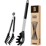 Silicone Spaghetti Spoon & Pasta Tong, Non-Stick Stainless Steel Handle Pasta Fork Set with Teeth, Food Clip for Easy Serving of Noodles (Black)