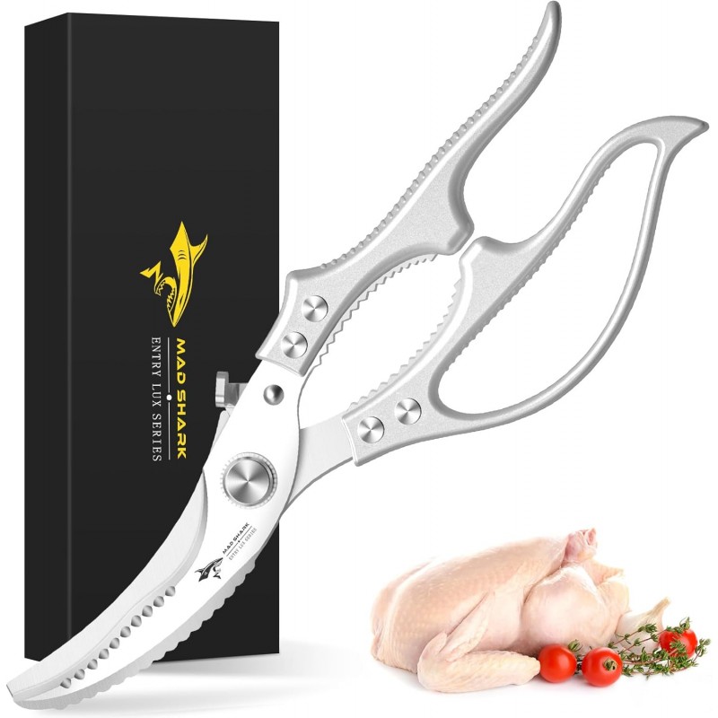 MAD SHARK Heavy Duty Poultry Shears, Kitchen Shears with Non-Slip Handle & Safety Lock, All Purpose Kitchen Scissors for Chicken, Meat Cutting, Turkey, Fish, Vegetables, Spring Loaded, Dishwasher Safe