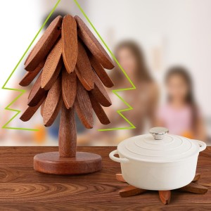 Wooden Trivets for Hot Dishes, Hot Dish Coaster with Tree-Shaped Wood Collapsible Hot Pad Trivet Tree for Restaurant, 4 Wooden Trivet + 1 Stand（Walnut Wood）