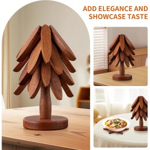 Wooden Trivets for Hot Dishes, Hot Dish Coaster with Tree-Shaped Wood Collapsible Hot Pad Trivet Tree for Restaurant, 4 Wooden Trivet + 1 Stand（Walnut Wood）