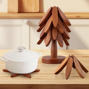 Wooden Trivets for Hot Dishes, Hot Dish Coaster with Tree-Shaped Wood Collapsible Hot Pad Trivet Tree for Restaurant, 4 Wooden Trivet + 1 Stand（Walnut Wood）