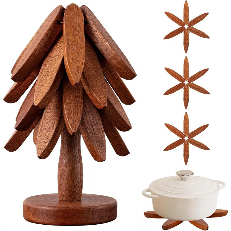 Wooden Trivets for Hot Dishes, Hot Dish Coaster with Tree-Shaped Wood Collapsible Hot Pad Trivet Tree for Restaurant, 4 Wooden Trivet + 1 Stand（Walnut Wood）