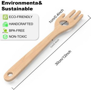 12'' Birch Pasta Forks, 2-Pack - Hand Shaped Spaghetti Server with Measuring Hole for Perfect One-Serving Portion, Natural Wood Cooking Utensils for Pasta Salad, Long Handle Noodle Spoon