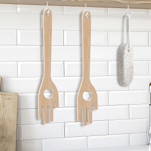 12'' Birch Pasta Forks, 2-Pack - Hand Shaped Spaghetti Server with Measuring Hole for Perfect One-Serving Portion, Natural Wood Cooking Utensils for Pasta Salad, Long Handle Noodle Spoon