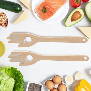 12'' Birch Pasta Forks, 2-Pack - Hand Shaped Spaghetti Server with Measuring Hole for Perfect One-Serving Portion, Natural Wood Cooking Utensils for Pasta Salad, Long Handle Noodle Spoon