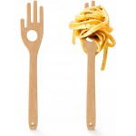 12'' Birch Pasta Forks, 2-Pack - Hand Shaped Spaghetti Server with Measuring Hole for Perfect One-Serving Portion, Natural Wood Cooking Utensils for Pasta Salad, Long Handle Noodle Spoon