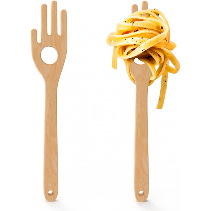 12'' Birch Pasta Forks, 2-Pack - Hand Shaped Spaghetti Server with Measuring Hole for Perfect One-Serving Portion, Natural Wood Cooking Utensils for Pasta Salad, Long Handle Noodle Spoon