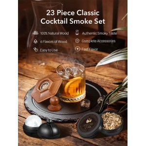 23Pcs Whiskey Smoker Kit with Torch-12 Wood Chips, Ice Ball Mold, Cocktail Smoker Infuser Kit, Old Fashioned Drink Smoker Kit, Birthday Bourbon Whiskey Gifts for Men,Dad,Him, Valentine's Day Gifts