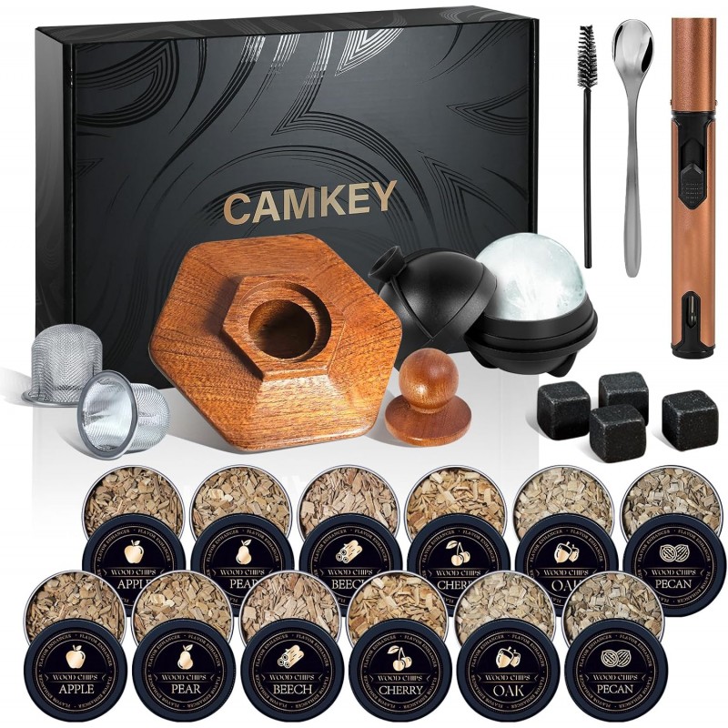 23Pcs Whiskey Smoker Kit with Torch-12 Wood Chips, Ice Ball Mold, Cocktail Smoker Infuser Kit, Old Fashioned Drink Smoker Kit, Birthday Bourbon Whiskey Gifts for Men,Dad,Him, Valentine's Day Gifts