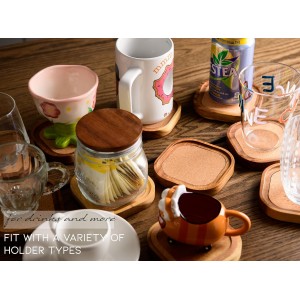 Acacia Wood Coasters for Drinks, 4.13 Inch, Set of 6, Squircles Insulation and Absorbent Cork Stackable Cup Holder, Rustic Coasters for Coffee Table, Designed by S1EGAN