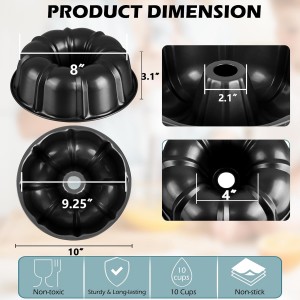 TeamFar 10 Inch Nonstick Cake Pan, 10 Cups Fluted Tube Cake Pan for Baking, Heavy Duty Carbon Steel Round Baking Tray for Making Jello/Monkey Bread/Chocoflan, Non Toxic, Easy Clean - Black