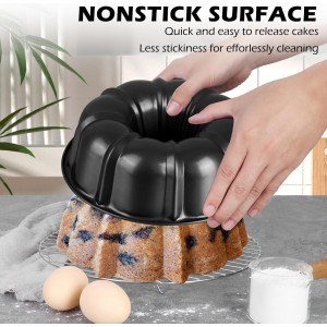 TeamFar 10 Inch Nonstick Cake Pan, 10 Cups Fluted Tube Cake Pan for Baking, Heavy Duty Carbon Steel Round Baking Tray for Making Jello/Monkey Bread/Chocoflan, Non Toxic, Easy Clean - Black