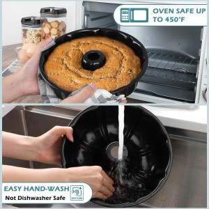 TeamFar 10 Inch Nonstick Cake Pan, 10 Cups Fluted Tube Cake Pan for Baking, Heavy Duty Carbon Steel Round Baking Tray for Making Jello/Monkey Bread/Chocoflan, Non Toxic, Easy Clean - Black