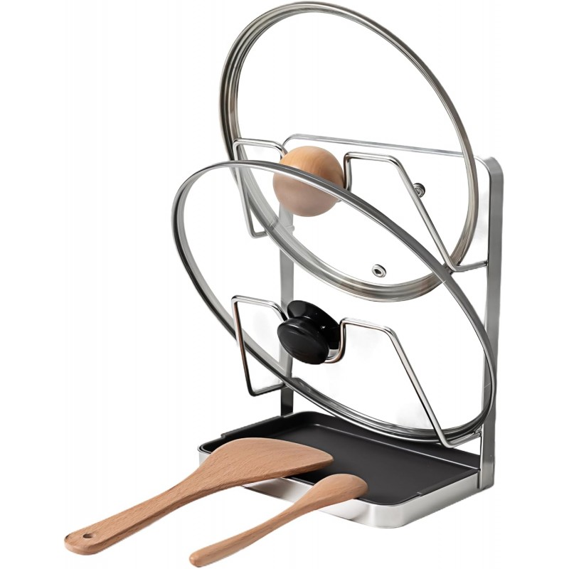 304 Stainless Steel Pot Lid Holder While Cooking, Kitchen Pot Lid Storage Rack for stove top, Multifunctional Kitchen Pot Lid Organizer for Countertop（Silver）