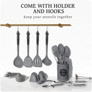 Kikcoin 43Pcs Large Kitchen Utensils Set - Silicone Cooking Utensils Set, Dishwasher Safe Spatula Set for Non-stick Cookware, 446°F Heat Resistant Kitchen Utensils Set with Holder BPA Free, Grey