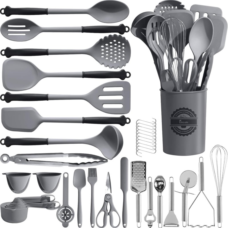 Kikcoin 43Pcs Large Kitchen Utensils Set - Silicone Cooking Utensils Set, Dishwasher Safe Spatula Set for Non-stick Cookware, 446°F Heat Resistant Kitchen Utensils Set with Holder BPA Free, Grey