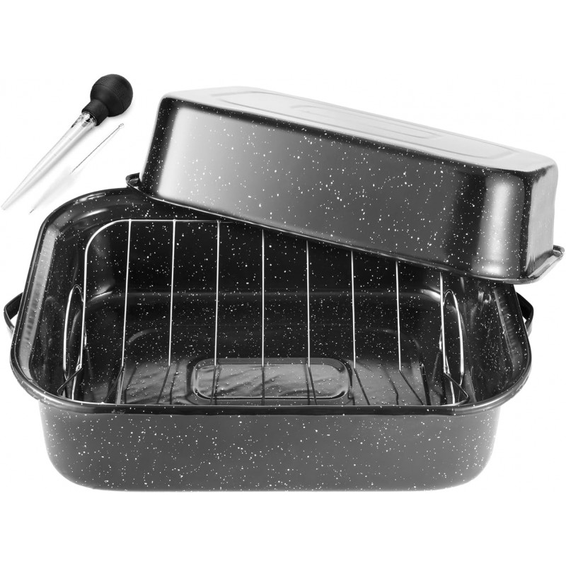 JY COOKMENT Roasting Pan With Lid and Rack, 21' Rectangular, 25lb Turkey Roaster Pot, Large Oven Roaster Tray, V-Rack and Versatile Lid Bone Turkey Baster