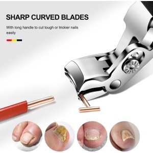 Black Long Handle Nail Clippers for Seniors Non-Slip Wide Jaw Opening Prevent Splashing Toenail Clippers with Catcher for Men for Thick Nails Ergonomic Curve Angled Head Toe Nail Clipper Sharp（1pcs）