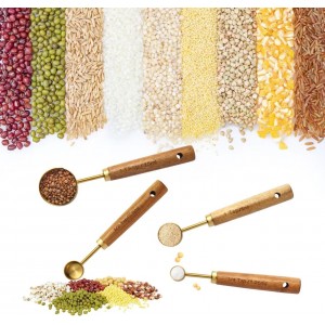 Gold Measuring Cups and Spoons Set of 4, Golden Stainless Steel Measuring Cups with Wooden Handles brass Measuring Spoons Set for Baking Supplies