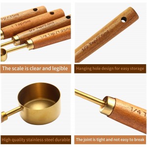 Gold Measuring Cups and Spoons Set of 4, Golden Stainless Steel Measuring Cups with Wooden Handles brass Measuring Spoons Set for Baking Supplies