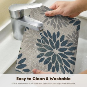 Artoid Mode Floral Vinyl Placemats Set of 4, Heat Resistant Washable Non-Slip Plastic PVC Place Mats for Party Kitchen Dining Decor, Blue Grey