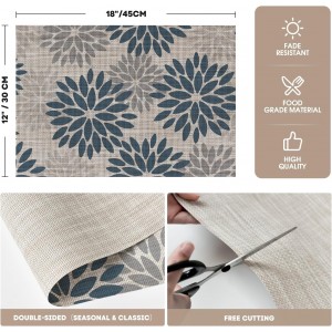 Artoid Mode Floral Vinyl Placemats Set of 4, Heat Resistant Washable Non-Slip Plastic PVC Place Mats for Party Kitchen Dining Decor, Blue Grey