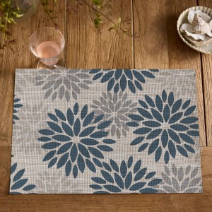 Artoid Mode Floral Vinyl Placemats Set of 4, Heat Resistant Washable Non-Slip Plastic PVC Place Mats for Party Kitchen Dining Decor, Blue Grey