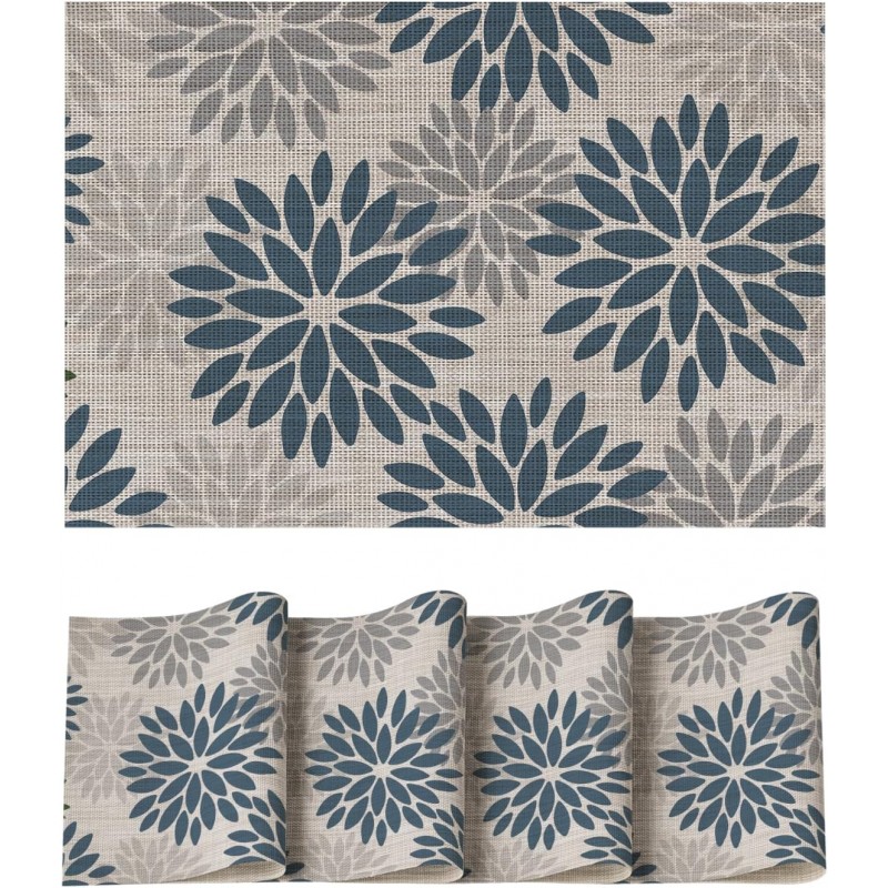 Artoid Mode Floral Vinyl Placemats Set of 4, Heat Resistant Washable Non-Slip Plastic PVC Place Mats for Party Kitchen Dining Decor, Blue Grey