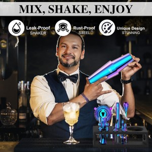 IOV Cocktail Shaker Set: 12-Piece Mixology Bartender Kit Bar Set | 18oz & 28oz Boston Shaker Drink Mixing Tools for Home with Recipe Booklet and Stand | Fun Housewarming Gift (Rainbow)