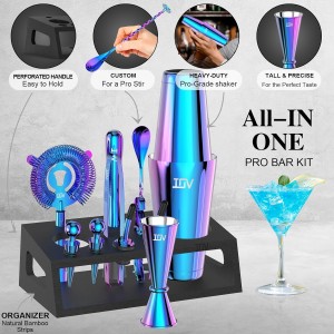 IOV Cocktail Shaker Set: 12-Piece Mixology Bartender Kit Bar Set | 18oz & 28oz Boston Shaker Drink Mixing Tools for Home with Recipe Booklet and Stand | Fun Housewarming Gift (Rainbow)