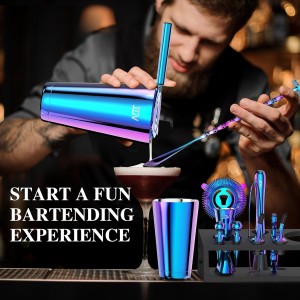 IOV Cocktail Shaker Set: 12-Piece Mixology Bartender Kit Bar Set | 18oz & 28oz Boston Shaker Drink Mixing Tools for Home with Recipe Booklet and Stand | Fun Housewarming Gift (Rainbow)