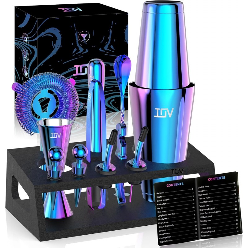 IOV Cocktail Shaker Set: 12-Piece Mixology Bartender Kit Bar Set | 18oz & 28oz Boston Shaker Drink Mixing Tools for Home with Recipe Booklet and Stand | Fun Housewarming Gift (Rainbow)