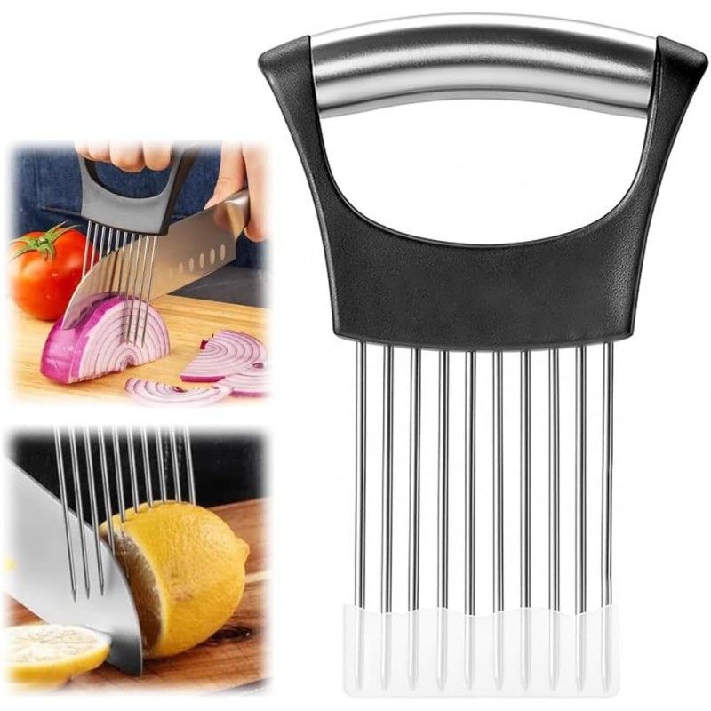 Onion Slicer, Stainless Steel Onion Holder for Slicing with Protective Case, Onion Cutter Tool for Meat Lemon Potato Tomato Avocado Egg Kitchen Slicing Assistant Tool (1 PCS)