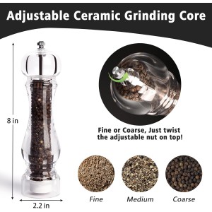 LHS Pepper Mill Grinder Salt Grinder, Arcylic Peppercorn Grinders with Adjustable Ceramic Coarseness-Clear(1 Pack)