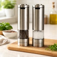 Electric Salt and Pepper Grinder Set, USB-C Rechargeable Stainless Steel Mills with LED Light, Adjustable Ceramic Grinders and Acrylic Mill Rest Tray