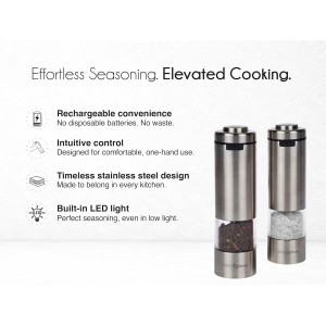 Electric Salt and Pepper Grinder Set, USB-C Rechargeable Stainless Steel Mills with LED Light, Adjustable Ceramic Grinders and Acrylic Mill Rest Tray