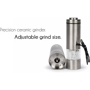 Electric Salt and Pepper Grinder Set, USB-C Rechargeable Stainless Steel Mills with LED Light, Adjustable Ceramic Grinders and Acrylic Mill Rest Tray