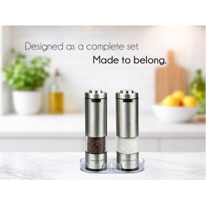 Electric Salt and Pepper Grinder Set, USB-C Rechargeable Stainless Steel Mills with LED Light, Adjustable Ceramic Grinders and Acrylic Mill Rest Tray