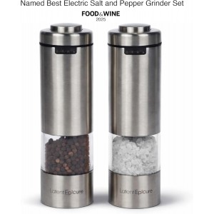 Electric Salt and Pepper Grinder Set, USB-C Rechargeable Stainless Steel Mills with LED Light, Adjustable Ceramic Grinders and Acrylic Mill Rest Tray