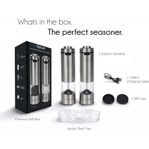 Electric Salt and Pepper Grinder Set, USB-C Rechargeable Stainless Steel Mills with LED Light, Adjustable Ceramic Grinders and Acrylic Mill Rest Tray