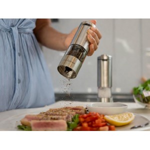 Electric Salt and Pepper Grinder Set, USB-C Rechargeable Stainless Steel Mills with LED Light, Adjustable Ceramic Grinders and Acrylic Mill Rest Tray
