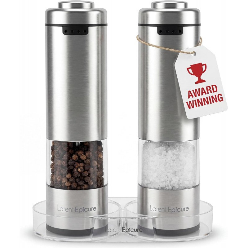 Electric Salt and Pepper Grinder Set, USB-C Rechargeable Stainless Steel Mills with LED Light, Adjustable Ceramic Grinders and Acrylic Mill Rest Tray