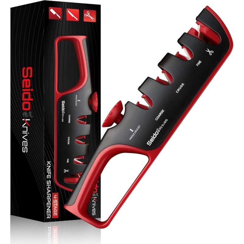 4-Stage Professional Knife Sharpener - Adjustable Angle Guide and Scissor Sharpening Slot