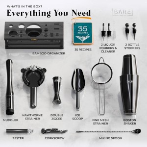 BARE BARREL® Mixology Bartender Kit Bar Set | 16-Piece Cocktail Shaker Set | Martini Barware Mixing Tools for Home Bartending | Incl. 35 Recipe Cards | Gift Set (28oz Boston Shaker, Jet Black/Black)