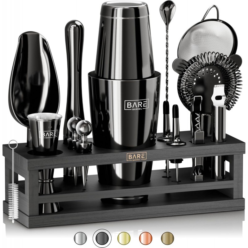 BARE BARREL® Mixology Bartender Kit Bar Set | 16-Piece Cocktail Shaker Set | Martini Barware Mixing Tools for Home Bartending | Incl. 35 Recipe Cards | Gift Set (28oz Boston Shaker, Jet Black/Black)
