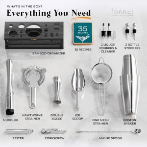 BARE BARREL® Mixology Bartender Kit Bar Set | 16-Piece Cocktail Shaker Set | Martini Barware Mixing Tools for Home Bartending | Incl. 35 Recipe Cards | Gift Set (28oz Boston Shaker, Silver/Black)