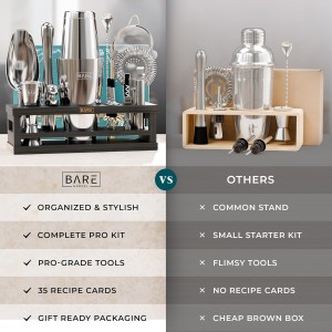 BARE BARREL® Mixology Bartender Kit Bar Set | 16-Piece Cocktail Shaker Set | Martini Barware Mixing Tools for Home Bartending | Incl. 35 Recipe Cards | Gift Set (28oz Boston Shaker, Silver/Black)