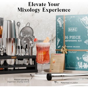 BARE BARREL® Mixology Bartender Kit Bar Set | 16-Piece Cocktail Shaker Set | Martini Barware Mixing Tools for Home Bartending | Incl. 35 Recipe Cards | Gift Set (28oz Boston Shaker, Silver/Black)