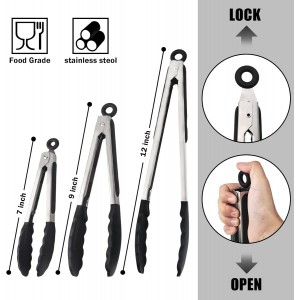 Kitchen Tongs with Silicone Tips, Kitchen Tongs, Cooking Tongs, Premium Stainless Steel Locking Cooking Tongs, Non-Slip Food Tongs for Cooking, Heavy Duty, Non-Stick, 480℉, Set of 3-7