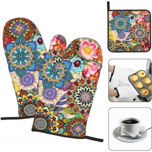 Boho Floral Oven Mitts and Pot Holders Sets, Heat Resistant Colorful Kitchen Gloves Hot Pads, Cute Baker Stuff, Chef Cooking Baking Gifts for Women Bakers, Kitchen Gifts for Cooking Lover Cooks Mom